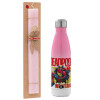 Easter Set, Metallic pink/white (Stainless steel) thermos, double-walled, 500ml & aromatic flat Easter candle (30cm) (PINK)