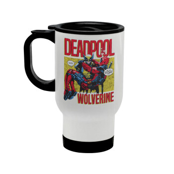 Superhero Deadpool Wolverine, Κούπα ταξιδιού ανοξείδωτη με καπάκι, διπλού τοιχώματος (θερμό) λευκή 450ml