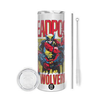 Superhero Deadpool Wolverine, Eco friendly ποτήρι θερμό (tumbler) από ανοξείδωτο ατσάλι 600ml, με μεταλλικό καλαμάκι & βούρτσα καθαρισμού