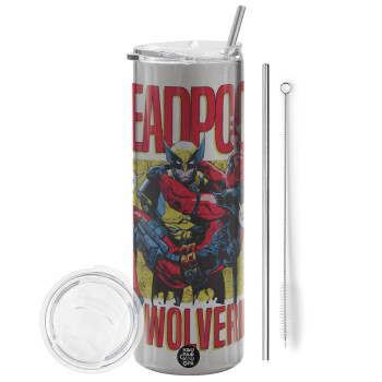 Superhero Deadpool Wolverine, Eco friendly ποτήρι θερμό Ασημένιο (tumbler) από ανοξείδωτο ατσάλι 600ml, με μεταλλικό καλαμάκι & βούρτσα καθαρισμού