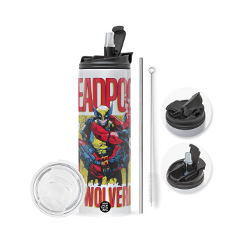 Superhero Deadpool Wolverine, Travel Tumbler θερμό με διπλό καπάκι, μεταλλικό καλαμάκι και βούρτσα καθαρισμού (Ανωξείδωτο 304 Food grade, BPA free, 600ml)