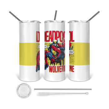 Superhero Deadpool Wolverine, Tumbler ποτήρι θερμό από ανοξείδωτο ατσάλι 600ml, με μεταλλικό καλαμάκι & βούρτσα καθαρισμού