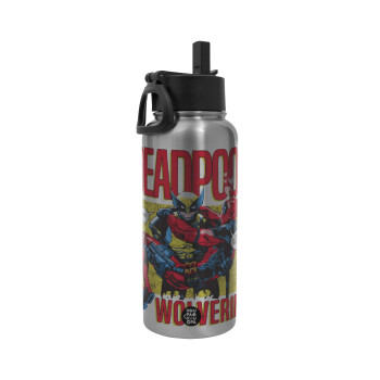 Superhero Deadpool Wolverine, Metal mug thermo Silver with Straw and Spout Lid (Stainless steel), double wall, 950ml