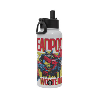 Superhero Deadpool Wolverine, Metal mug thermo White with Straw and Spout Lid (Stainless steel), double wall, 950ml