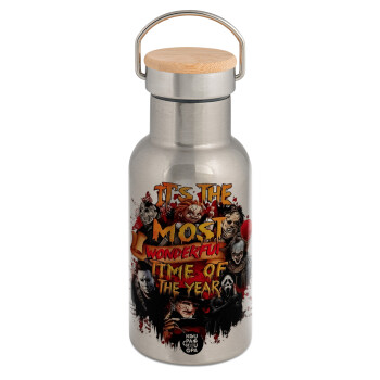 Halloween it's most wonderful time of the year, Stainless steel metallic thermos flask, silver with a bamboo lid, double-walled, 350ml.