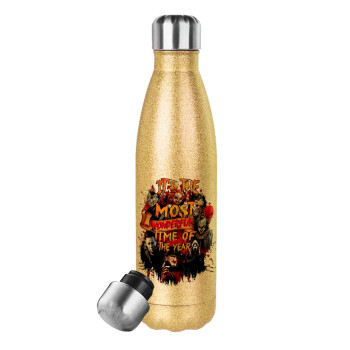 Halloween it's most wonderful time of the year, Glitter gold stainless steel thermos bottle, double-walled, 500ml