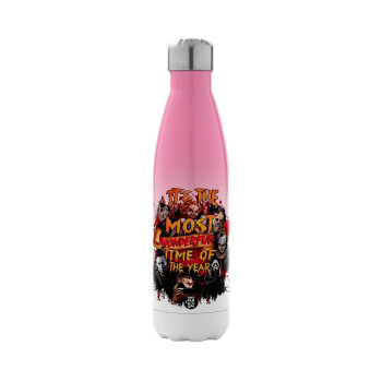 Halloween it's most wonderful time of the year, Metal mug thermos Pink/White (Stainless steel), double wall, 500ml