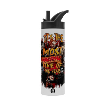 Halloween it's most wonderful time of the year, Metallic thermos bottle with straw & handle, stainless steel (Stainless steel 304), double-walled, 600ml.