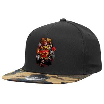 Halloween it's most wonderful time of the year, Adult Flat Snapback Hat Black/Camouflage, (100% COTTON TWILL, ADULT, UNISEX, ONE SIZE)