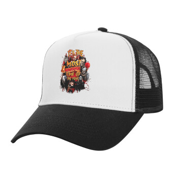 Halloween it's most wonderful time of the year, Adult Structured Trucker Hat, with Mesh, WHITE/BLACK (100% COTTON, ADULT, UNISEX, ONE SIZE)