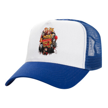 Halloween it's most wonderful time of the year, Adult Structured Trucker Hat, with Mesh, WHITE/BLUE (100% COTTON, ADULT, UNISEX, ONE SIZE)