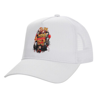 Halloween it's most wonderful time of the year, Structured Trucker Adult Hat, with Mesh, WHITE (100% COTTON, ADULT, UNISEX, ONE SIZE)