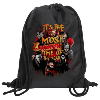 Halloween it's most wonderful time of the year, Backpack pouch GYMBAG Black, with pocket (40x48cm) & thick cords