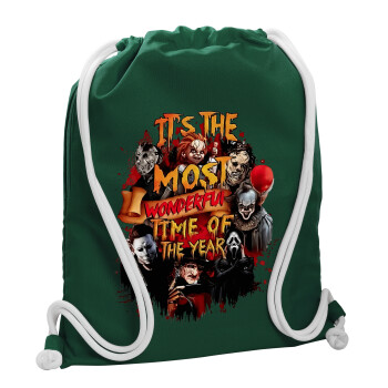 Halloween it's most wonderful time of the year, Backpack pouch GYMBAG BOTTLE GREEN, with pocket (40x48cm) & thick white cords