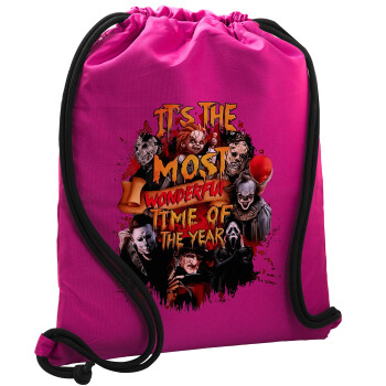 Halloween it's most wonderful time of the year, Backpack pouch GYMBAG Fuchsia, with pocket (40x48cm) & thick cords