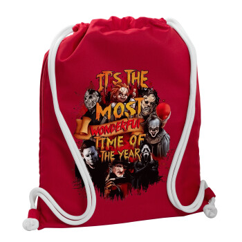 Halloween it's most wonderful time of the year, Backpack pouch GYMBAG Red, with pocket (40x48cm) & thick cords