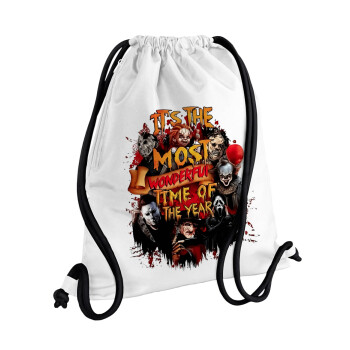 Halloween it's most wonderful time of the year, Backpack pouch GYMBAG white, with pocket (40x48cm) & thick cords