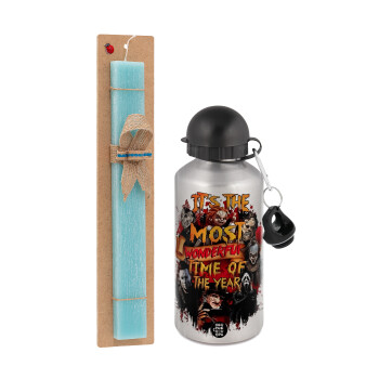 Halloween it's most wonderful time of the year, Easter Set, metallic silver aluminum water bottle (500ml) & scented flat Easter candle (30cm) (TURQUOISE)