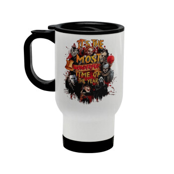 Halloween it's most wonderful time of the year, Stainless steel travel mug with lid, double wall white 450ml