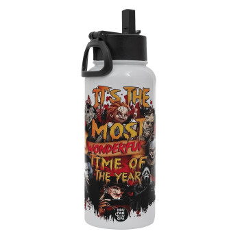 Halloween it's most wonderful time of the year, Metal mug thermo White with Straw and Spout Lid (Stainless steel), double wall, 950ml