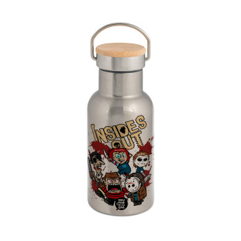 Halloween Inside out, Stainless steel metallic thermos flask, silver with a bamboo lid, double-walled, 350ml.