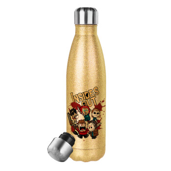 Halloween Inside out, Glitter gold stainless steel thermos bottle, double-walled, 500ml