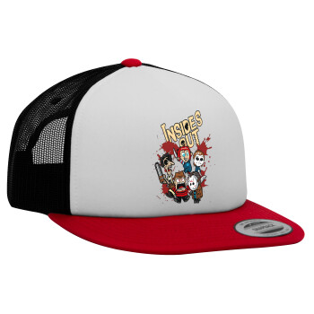 Halloween Inside out, Adult Foam Flat Snapback with Mesh Red-White-Black (POLYESTER, ADULT, UNISEX, ONE SIZE)