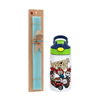 Halloween Inside out, Easter Set, Children's thermal stainless steel bottle with safety straw, green/blue (350ml) & aromatic flat Easter candle (30cm) (TURQUOISE)