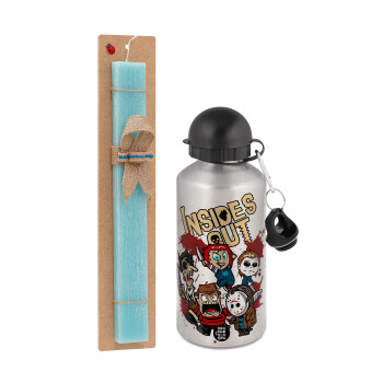 Halloween Inside out, Easter Set, metallic silver aluminum water bottle (500ml) & scented flat Easter candle (30cm) (TURQUOISE)