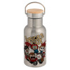 Stainless steel metallic thermos flask, silver with a bamboo lid, double-walled, 350ml.