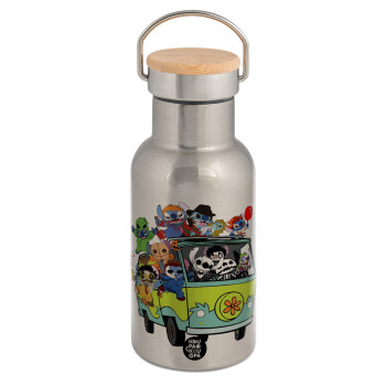 Stitch Halloween, Stainless steel metallic thermos flask, silver with a bamboo lid, double-walled, 350ml.