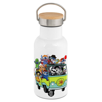 Stitch Halloween, Metallic thermos (Stainless steel) White with wooden lid (bamboo), double-walled, 350ml