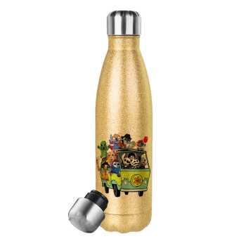 Stitch Halloween, Glitter gold stainless steel thermos bottle, double-walled, 500ml