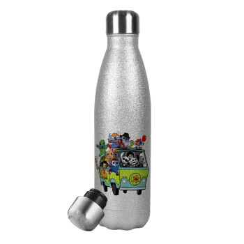 Stitch Halloween, Metallic Glitter Silver Thermos Flask (Stainless steel), double-walled, 500ml