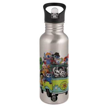 Stitch Halloween, Water bottle Silver with straw, stainless steel 600ml