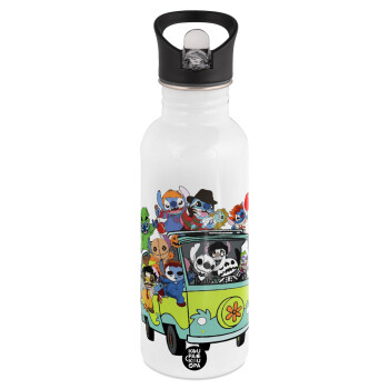 Stitch Halloween, White water bottle with straw, stainless steel 600ml