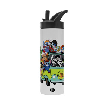 Stitch Halloween, Metallic thermos bottle with straw & handle, stainless steel (Stainless steel 304), double-walled, 600ml.