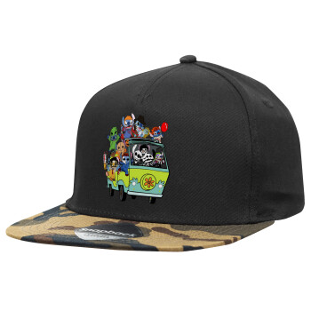 Stitch Halloween, Adult Flat Snapback Hat Black/Camouflage, (100% COTTON TWILL, ADULT, UNISEX, ONE SIZE)