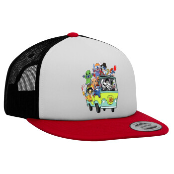 Stitch Halloween, Adult Foam Flat Snapback with Mesh Red-White-Black (POLYESTER, ADULT, UNISEX, ONE SIZE)