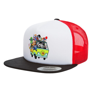 Stitch Halloween, Adult Foam Flat Snapback with Mesh Black-White-Red (POLYESTER, ADULT, UNISEX, ONE SIZE)