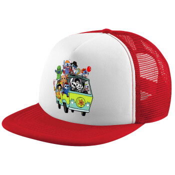 Stitch Halloween, Adult Soft Trucker Hat with Red/White Mesh (POLYESTER, ADULT, UNISEX, ONE SIZE)