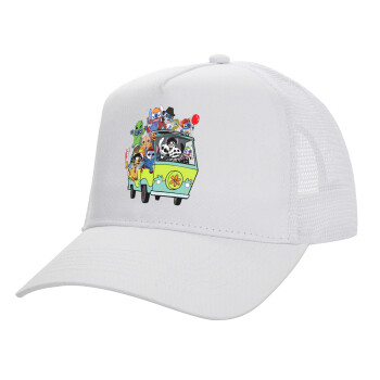 Stitch Halloween, Structured Trucker Adult Hat, with Mesh, WHITE (100% COTTON, ADULT, UNISEX, ONE SIZE)