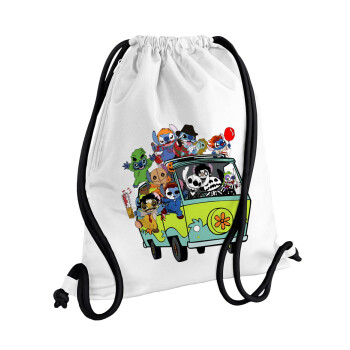 Stitch Halloween, Backpack pouch GYMBAG white, with pocket (40x48cm) & thick cords