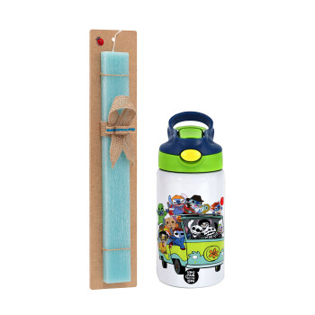 Stitch Halloween, Easter Set, Children's thermal stainless steel bottle with safety straw, green/blue (350ml) & aromatic flat Easter candle (30cm) (TURQUOISE)