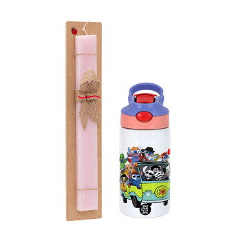 Stitch Halloween, Easter Set, Children's thermal stainless steel water bottle with safety straw, pink/purple (350ml) & Easter scented flat candle (30cm) (PINK)