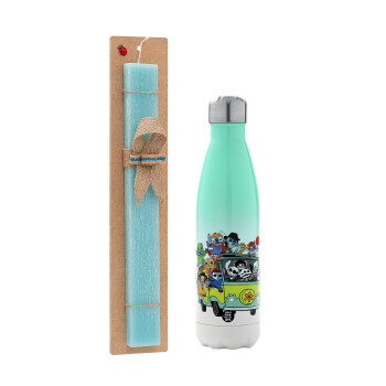 Stitch Halloween, Easter Set, Metallic green/white thermos (Stainless steel), double-walled, 500ml & scented flat Easter candle (30cm) (TURQUOISE)