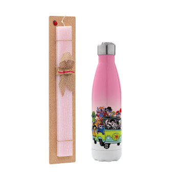 Stitch Halloween, Easter Set, Metallic pink/white (Stainless steel) thermos, double-walled, 500ml & aromatic flat Easter candle (30cm) (PINK)