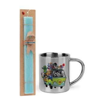 Stitch Halloween, Easter Set, metallic thermal cup (300ml) & aromatic flat Easter candle (30cm) (TURQUOISE)