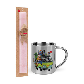 Stitch Halloween, Easter Set, metallic thermal cup (300ml) & aromatic flat Easter candle (30cm) (PINK)