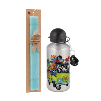 Stitch Halloween, Easter Set, metallic silver aluminum water bottle (500ml) & scented flat Easter candle (30cm) (TURQUOISE)